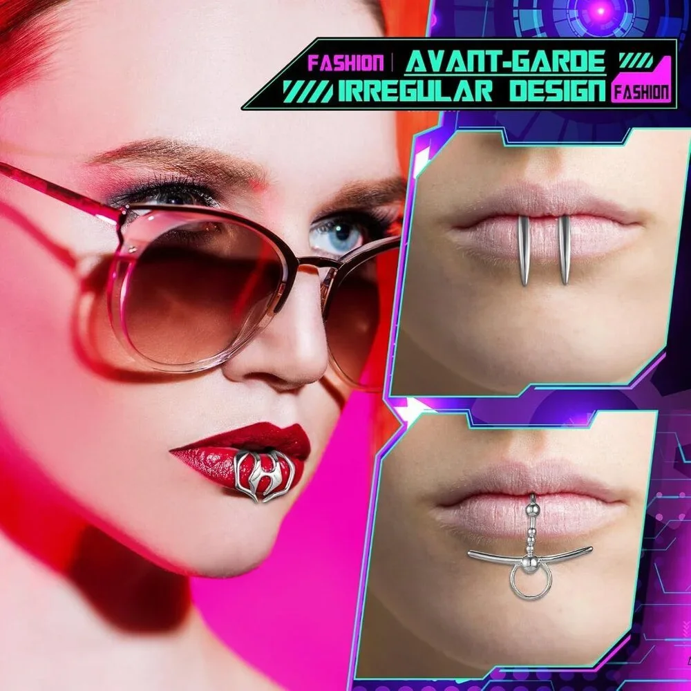 6 Pcs Silver Stainless Cyber Lip Cuff Set for Women Men Halloween Punk Style